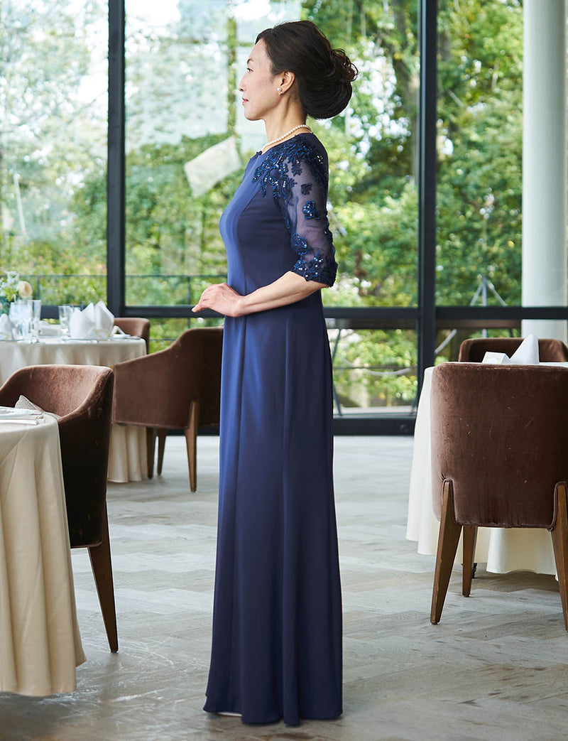 結婚式 母親ドレス ネイビー・マザーズドレス長袖 袖付き MD0404-DNY