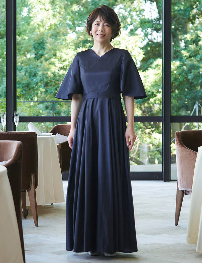 結婚式 母親ドレス ダークネイビー・マザーズドレス タフタAライン
