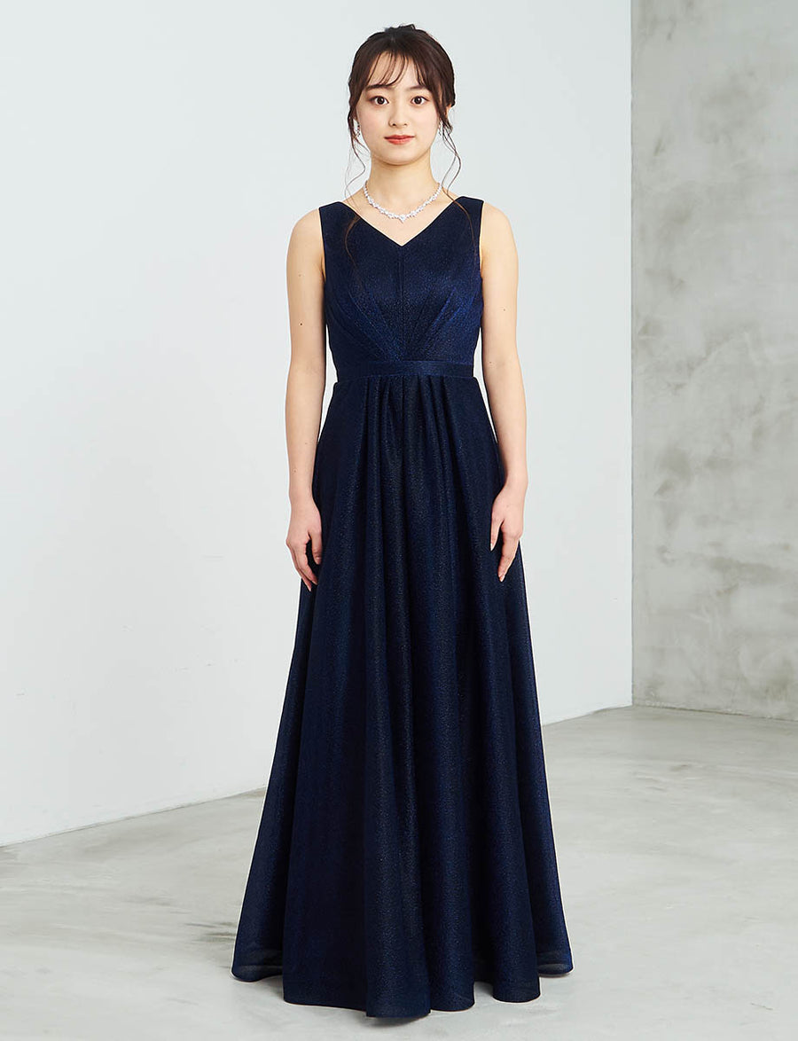 Vネック ノースリーブロングドレス ネイビー ルレックス ゴム
