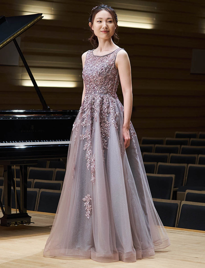 ロングドレス グレーベージュ ビジュレース 演奏会・ステージドレス