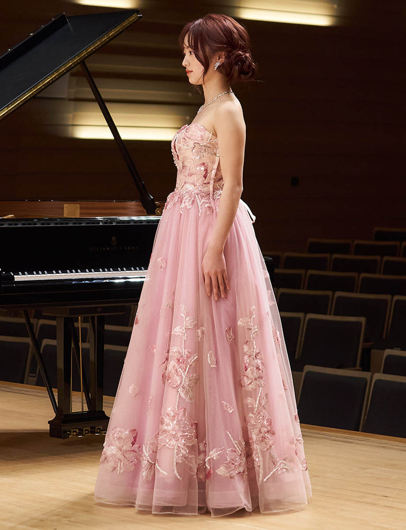 ピンクベージュ フローラルレース ロングドレス ベアトップ 発表会