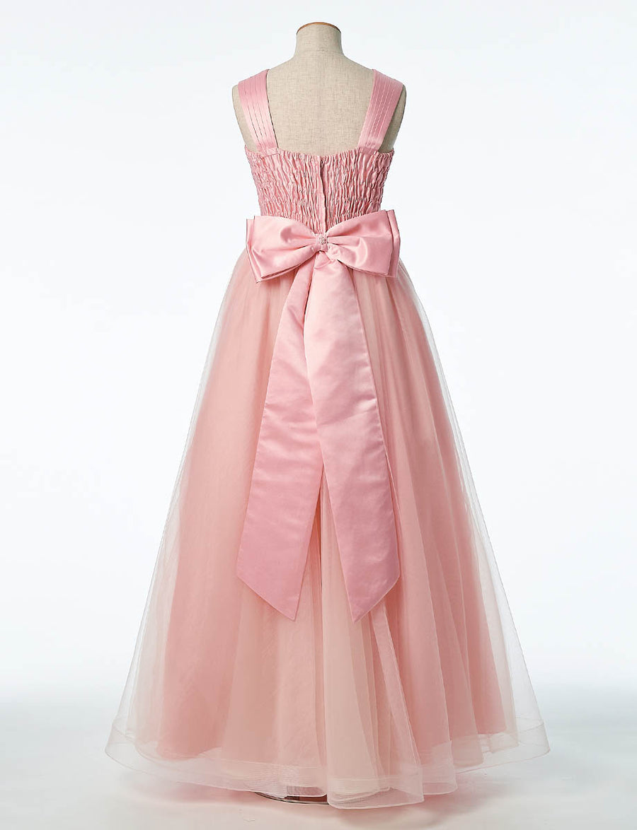 サテン×チュール ジュニアロングドレス シェルピンク・TWJ9507-SHPK