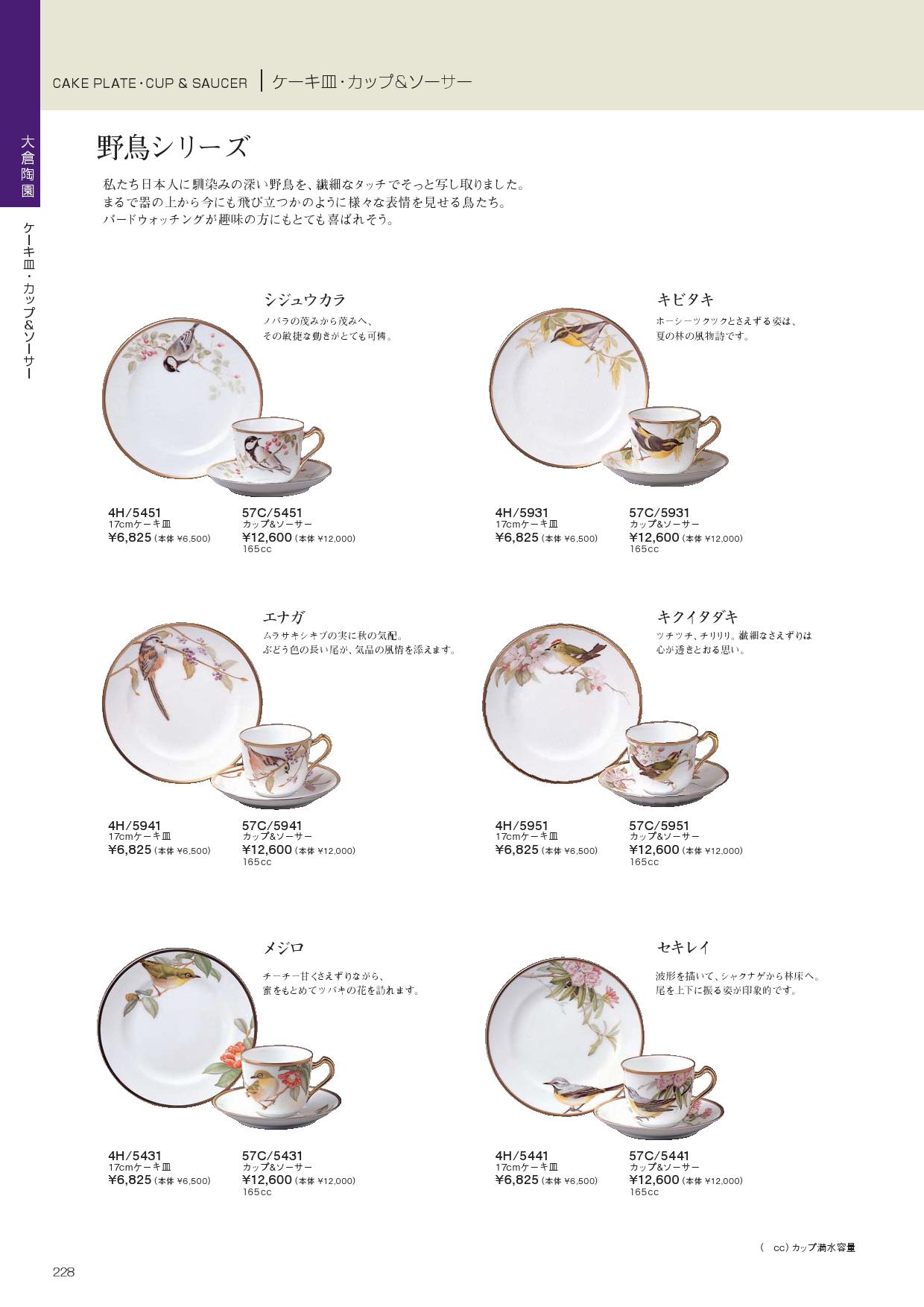 食器 大倉陶園・ケーキ皿・カップ＆ソーサー・野鳥シリーズノリタケ