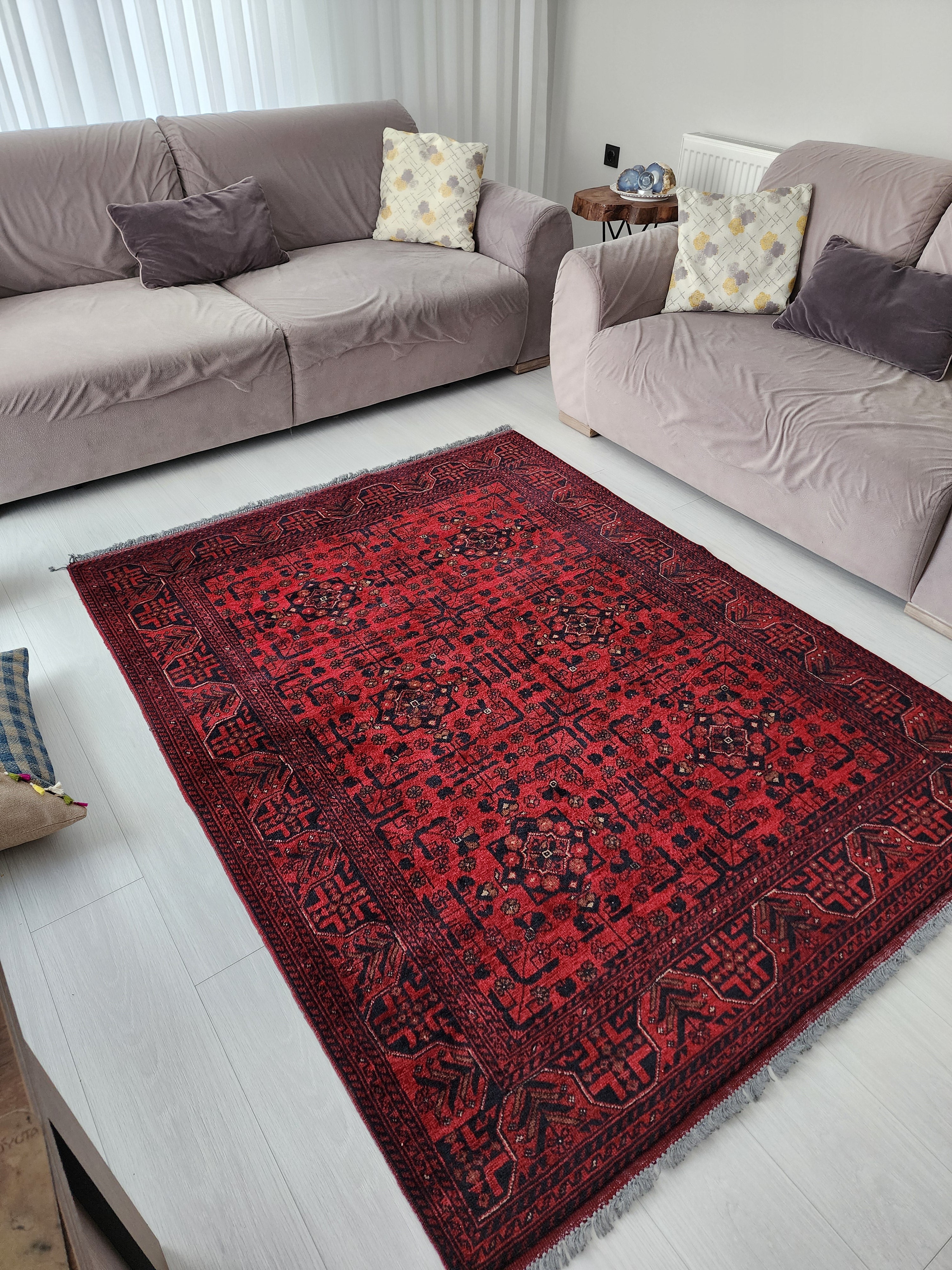 Afghan Khal Mohammadi Rug 6 x 5 ft, Red Blue Handmade Natural Wool Car