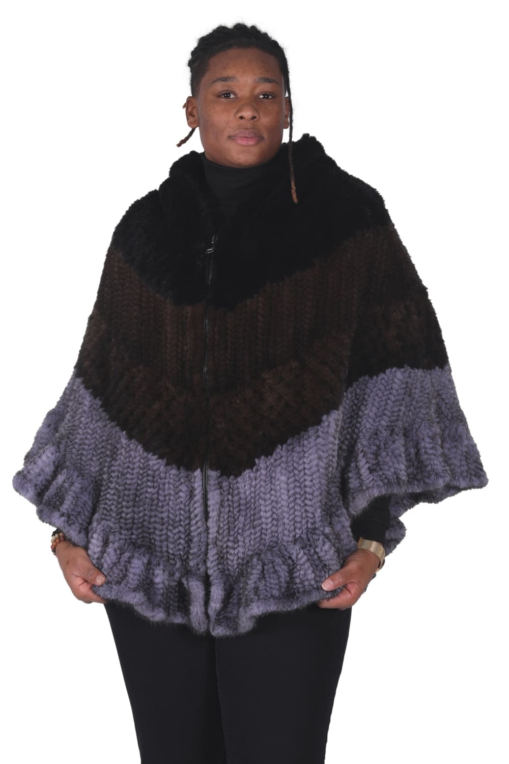 Black, Brown & Blue Iris Grey Herringbone Knitted Mink Hooded Zip