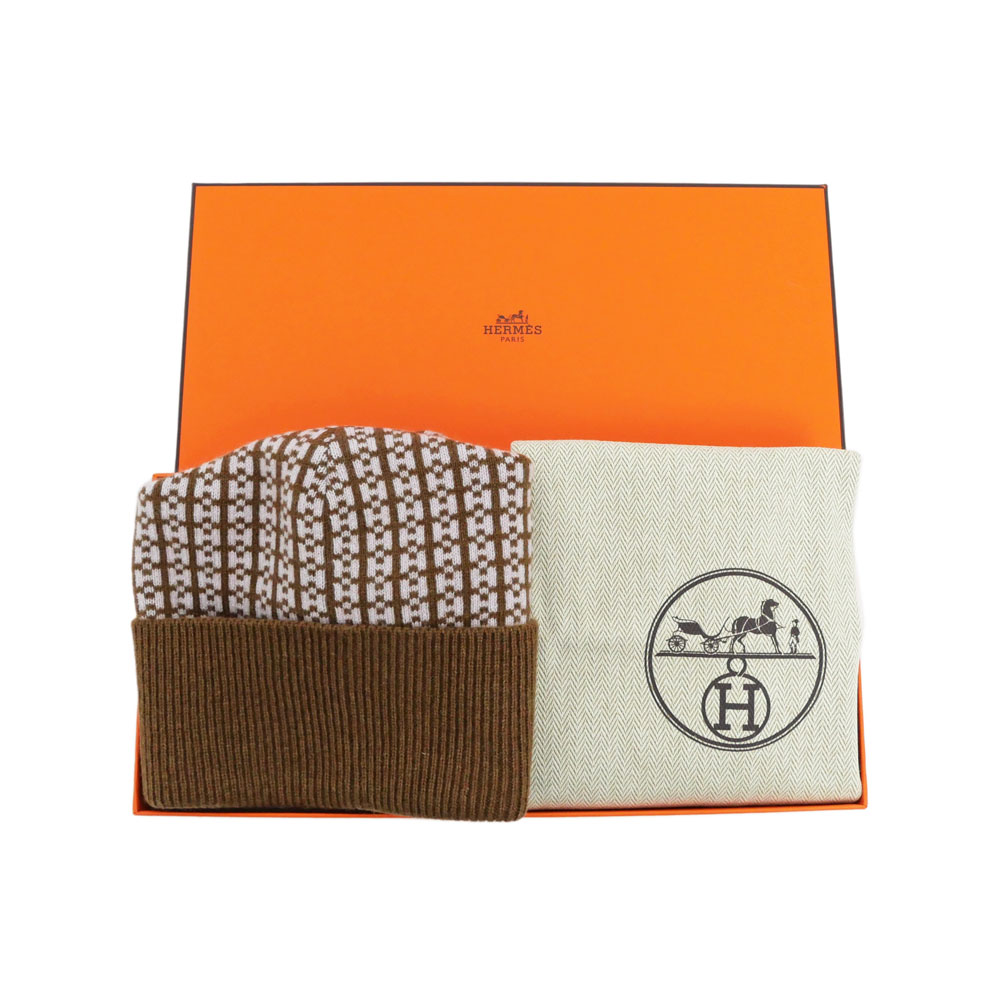 名東】【HERMES】エルメス ニット帽 ビーニー ブラウン ピンク Mサイズ