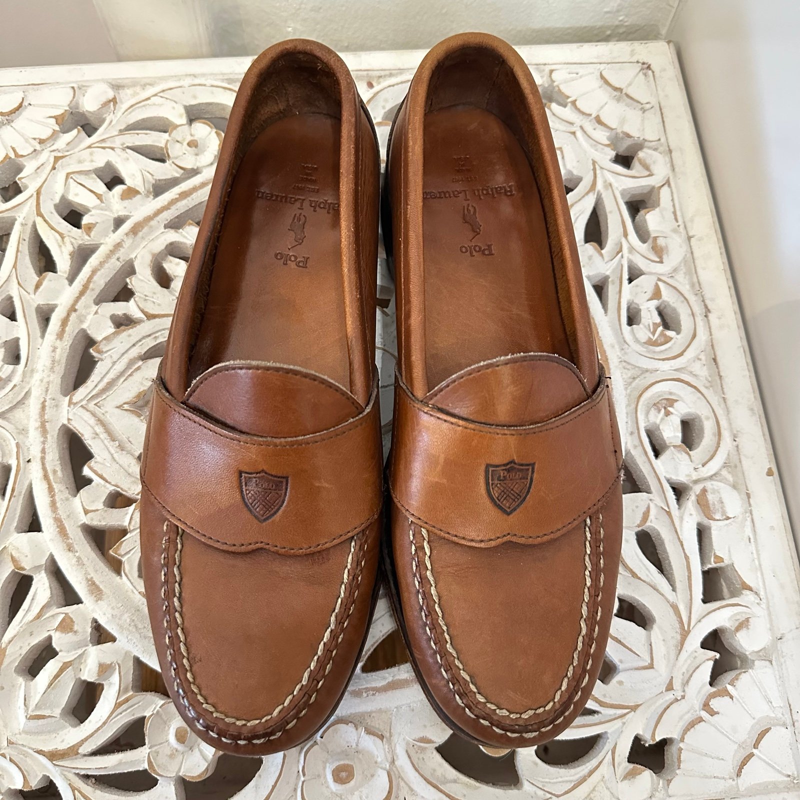 靴 Polo Ralph Lauren crest Loafer VTG 80's RALPH LAUREN Tan