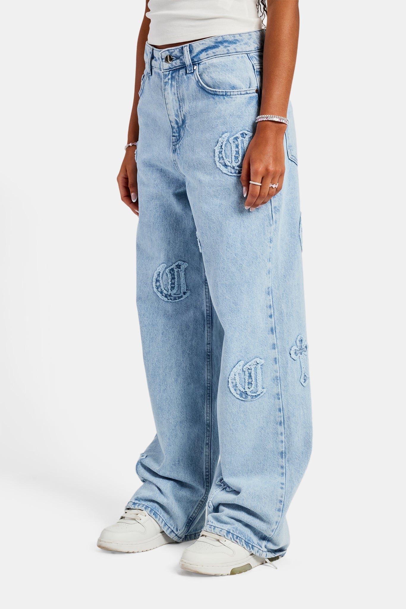 Ladies Raw Edge Applique Cross Baggy Jean - Ice Blue | Womens