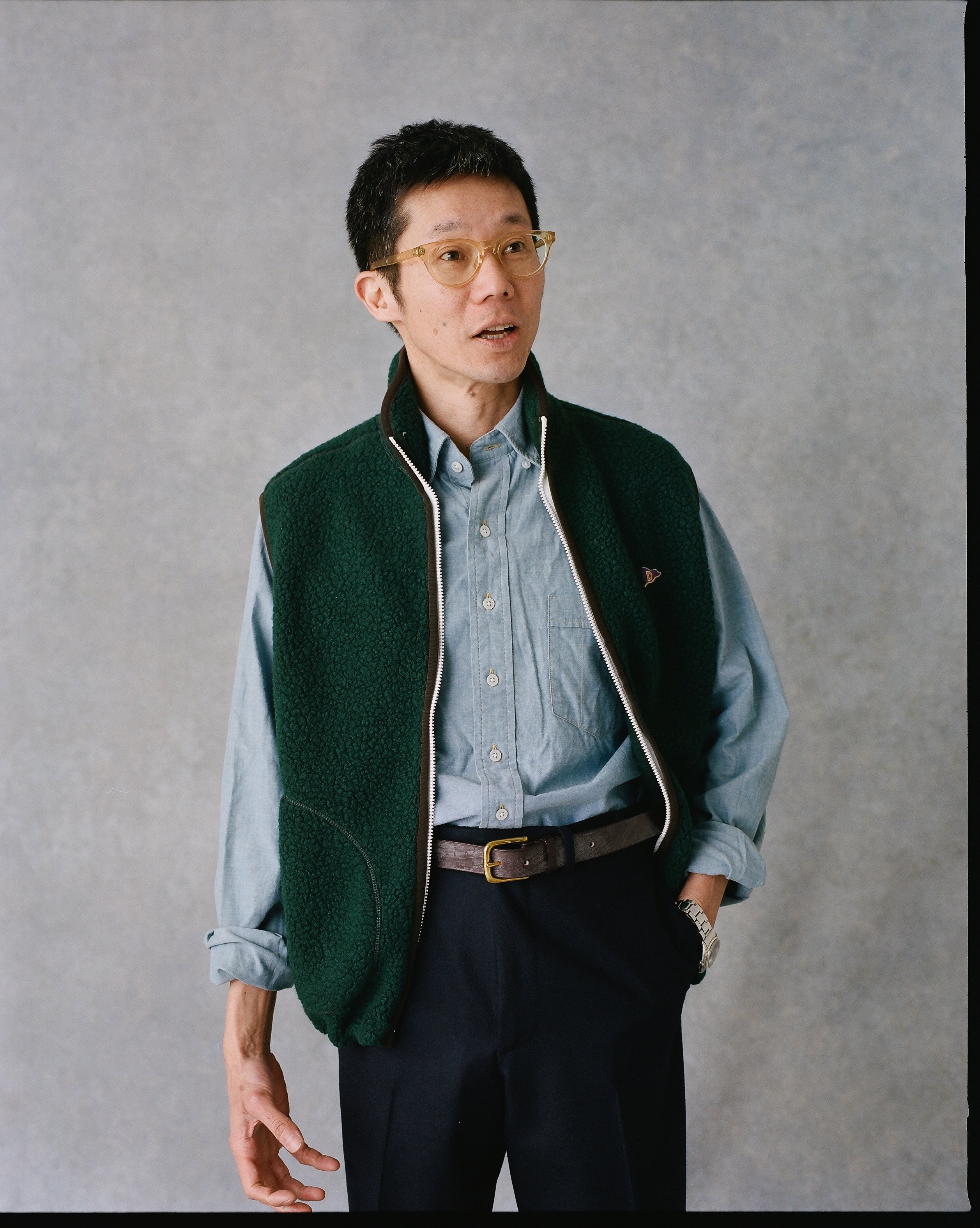 Dark Green Boucle Wool Zip Fleece Vest – Drakes US