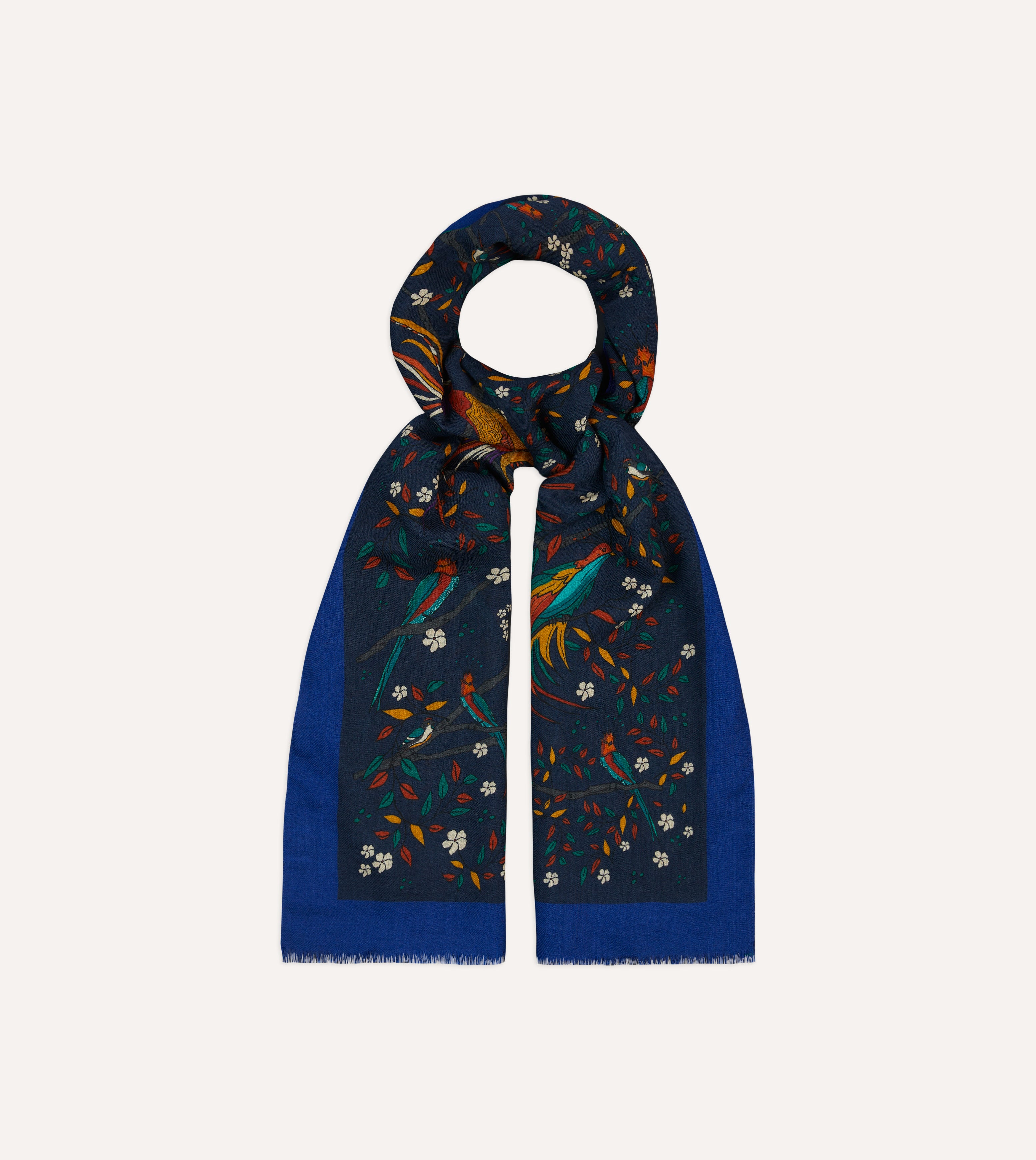 Navy Birds of Paradise Print Wool Scarf – Drakes US