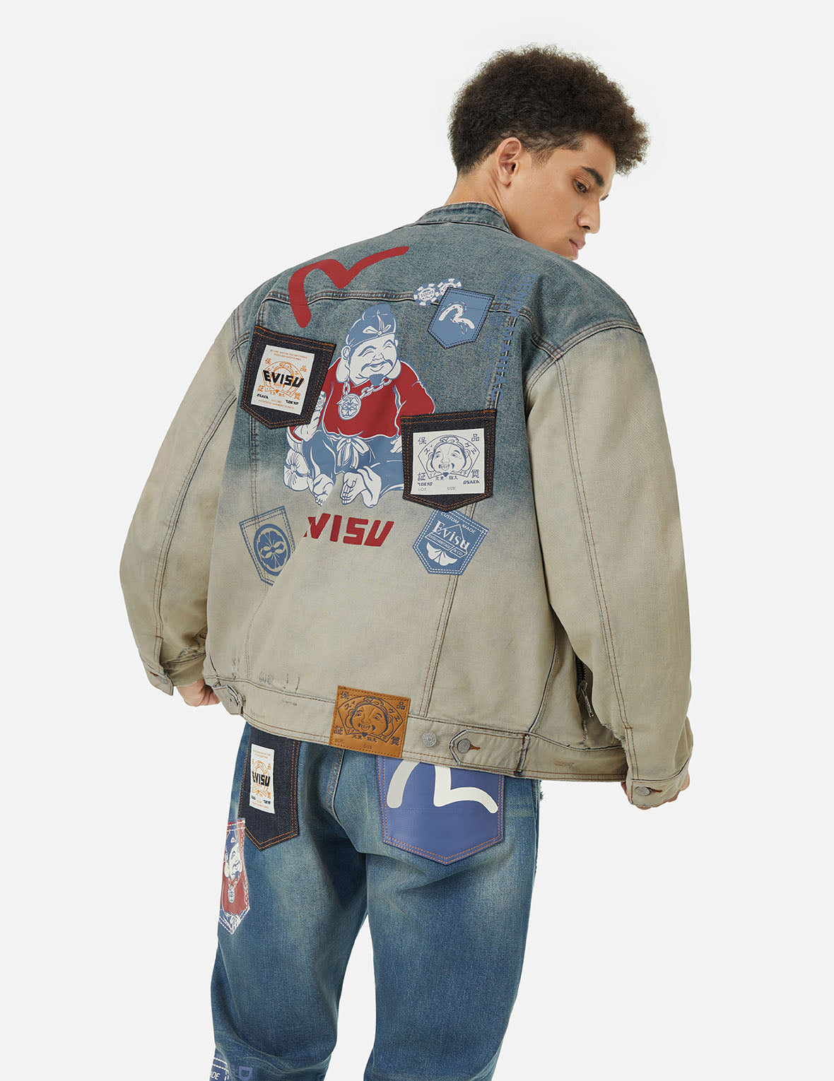 Ebisu Print and Multi-Pocket Loose Fit Biker Denim Jacket – EVISU