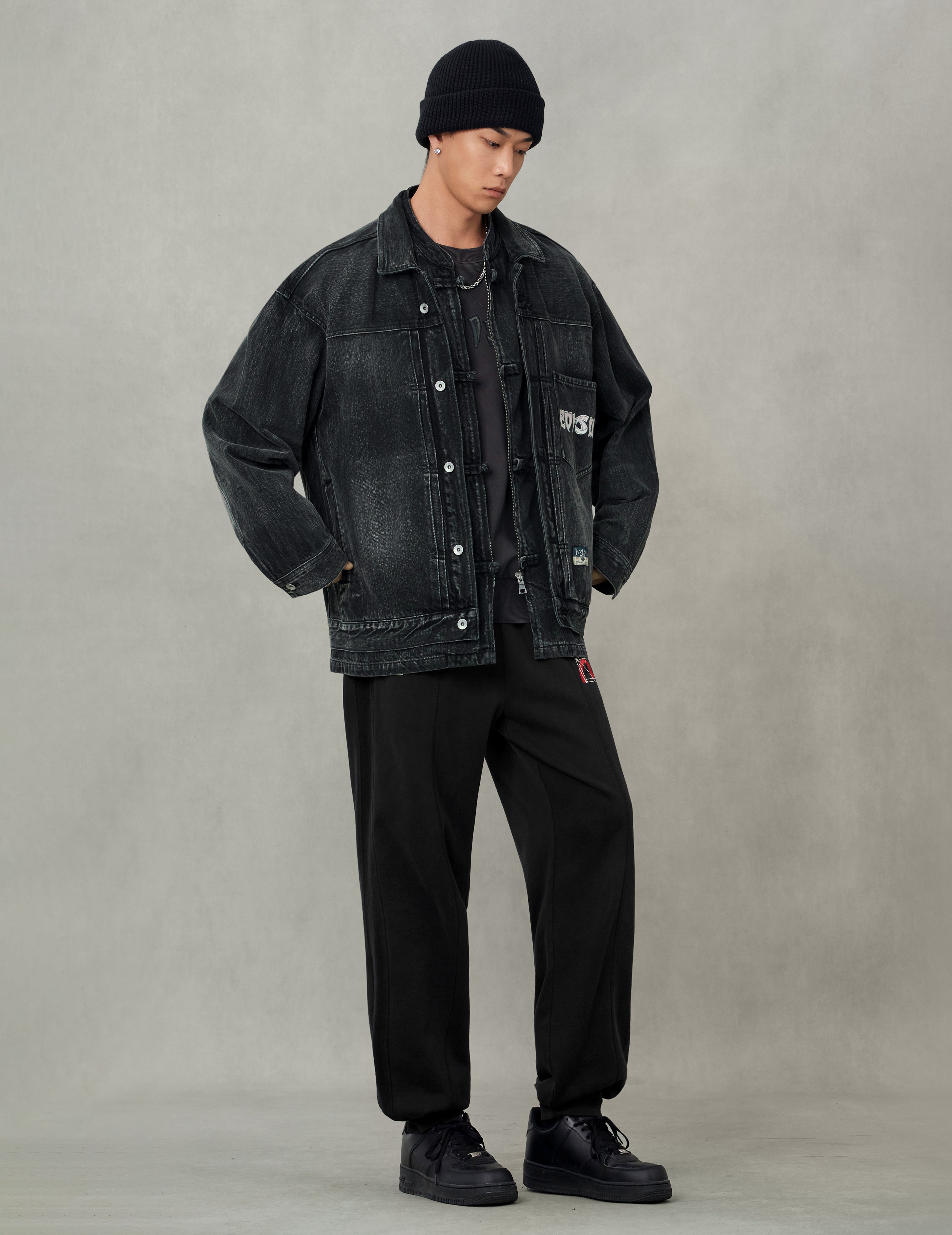 Washed Godhead and Logo Embroidery Oversized Chinese Style Denim