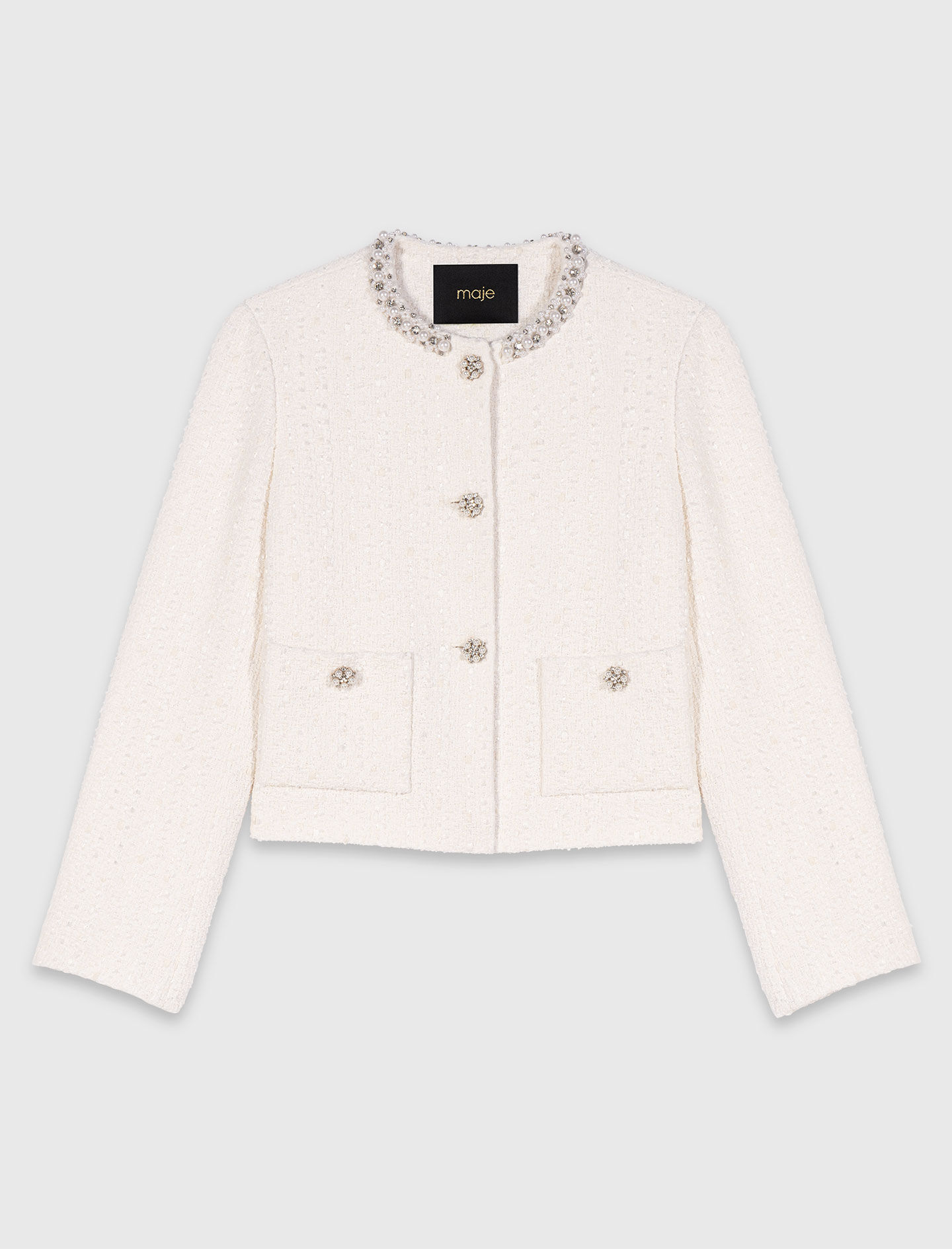 Tweed jacket with pearl trim White For Women | Maje