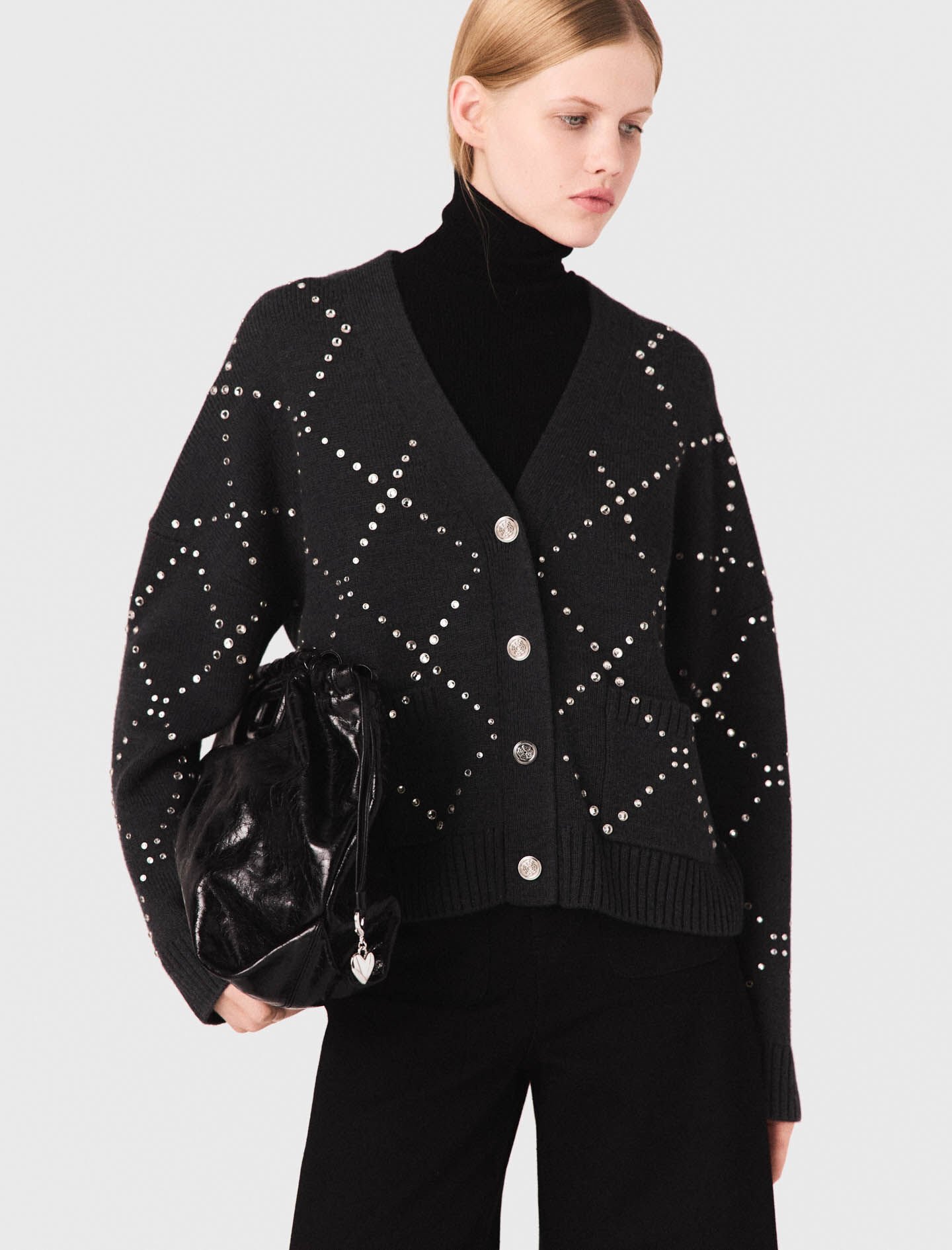 Rhinestone check cardigan Black / Gray For Women | Maje