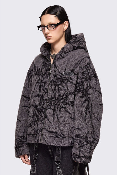 Grey Borg Fleece Jacket with Black Thorns Print | Minga London