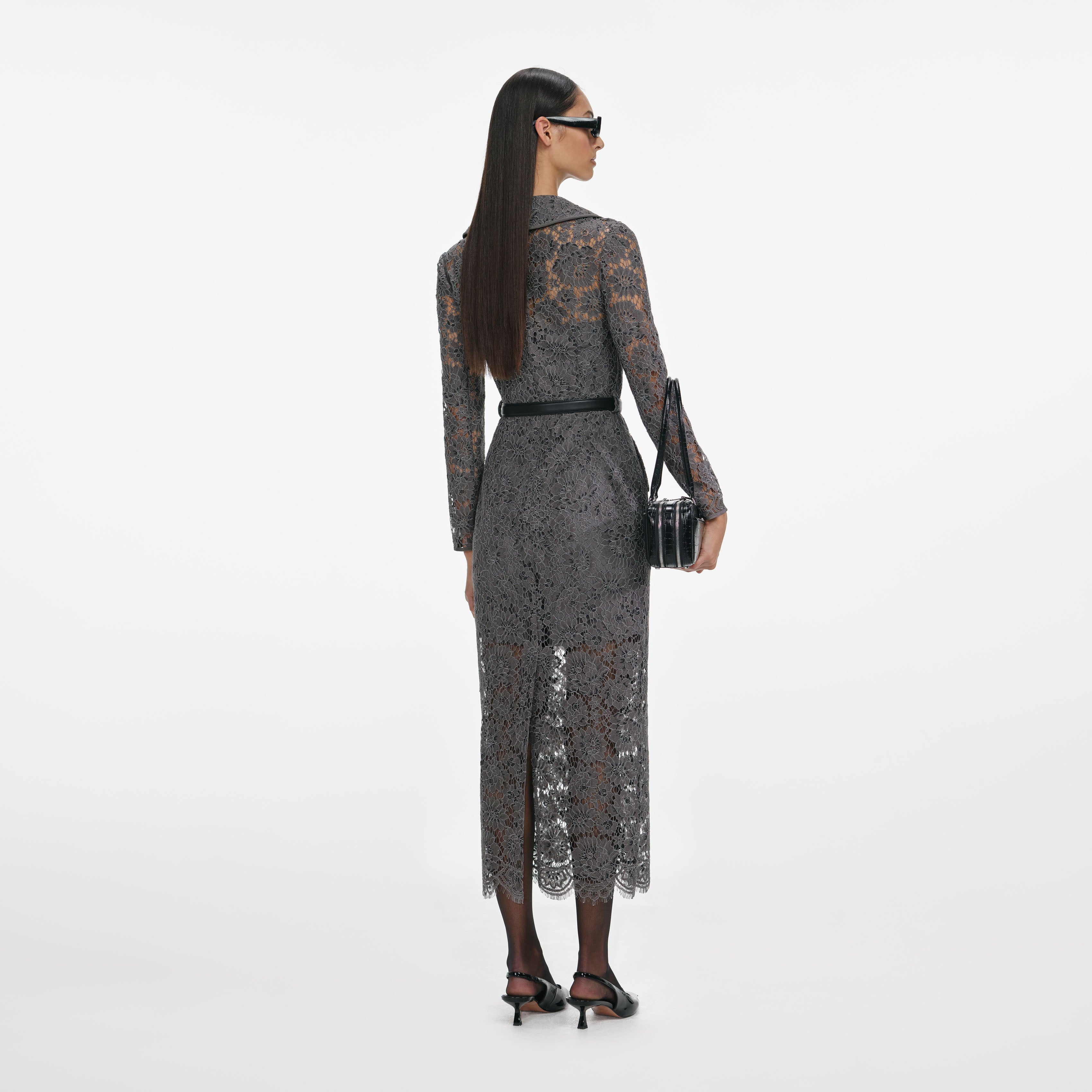 Grey Floral Lace Midi Dress – self-portrait-US