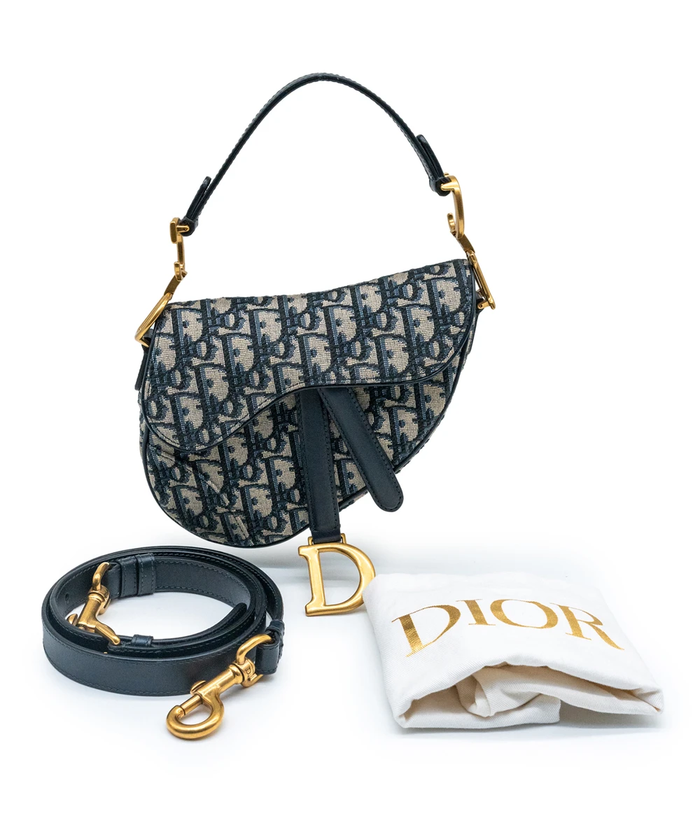 Dior Navy Blue/Beige Oblique Canvas and Leather Mini Saddle Bag