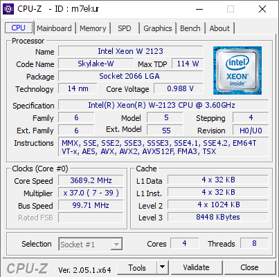 Intel Xeon W 2123 @ 3689.2 MHz - CPU-Z VALIDATOR
