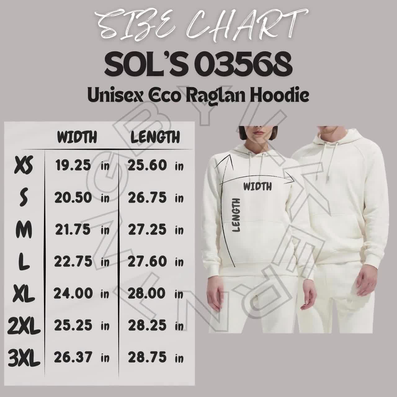 Hoodie Size Chart I SOLS 03568 Size Chart I Unisex Eco Raglan