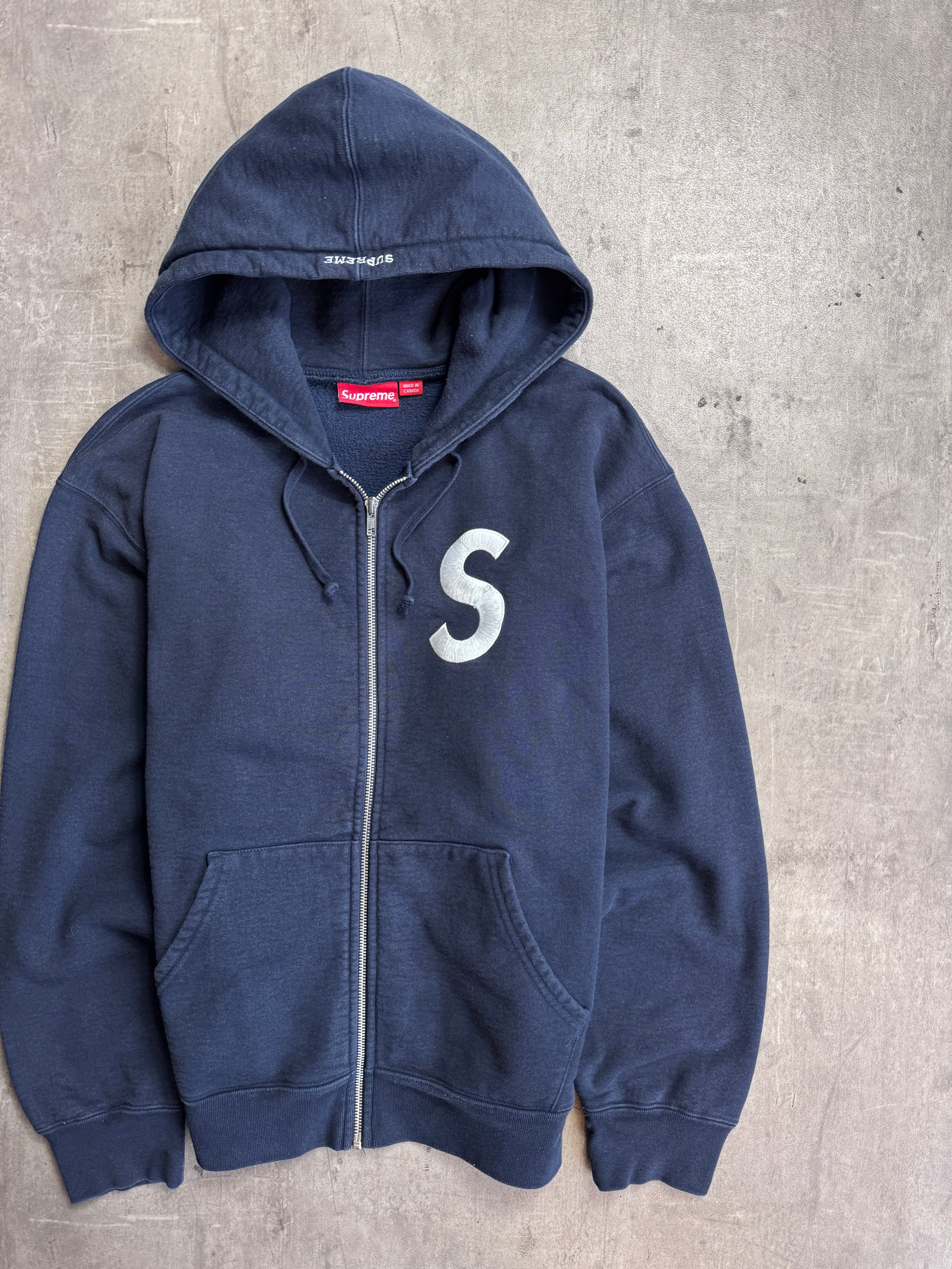 Supreme S Embroidered Logo Full Zip Navy Cotton Hoodie – Vintage