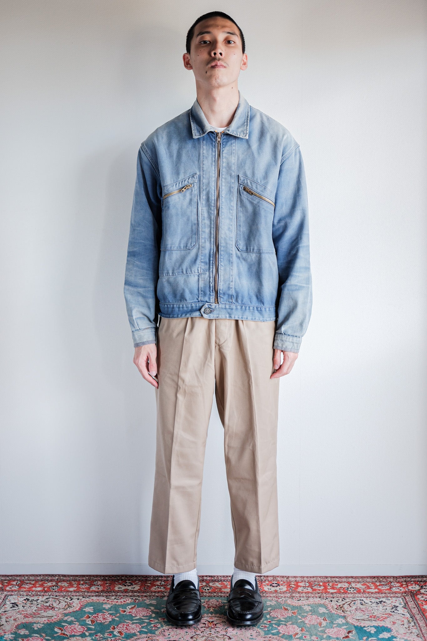50's] French Vintage Blue Cotton Twill Cyclist Jacket 
