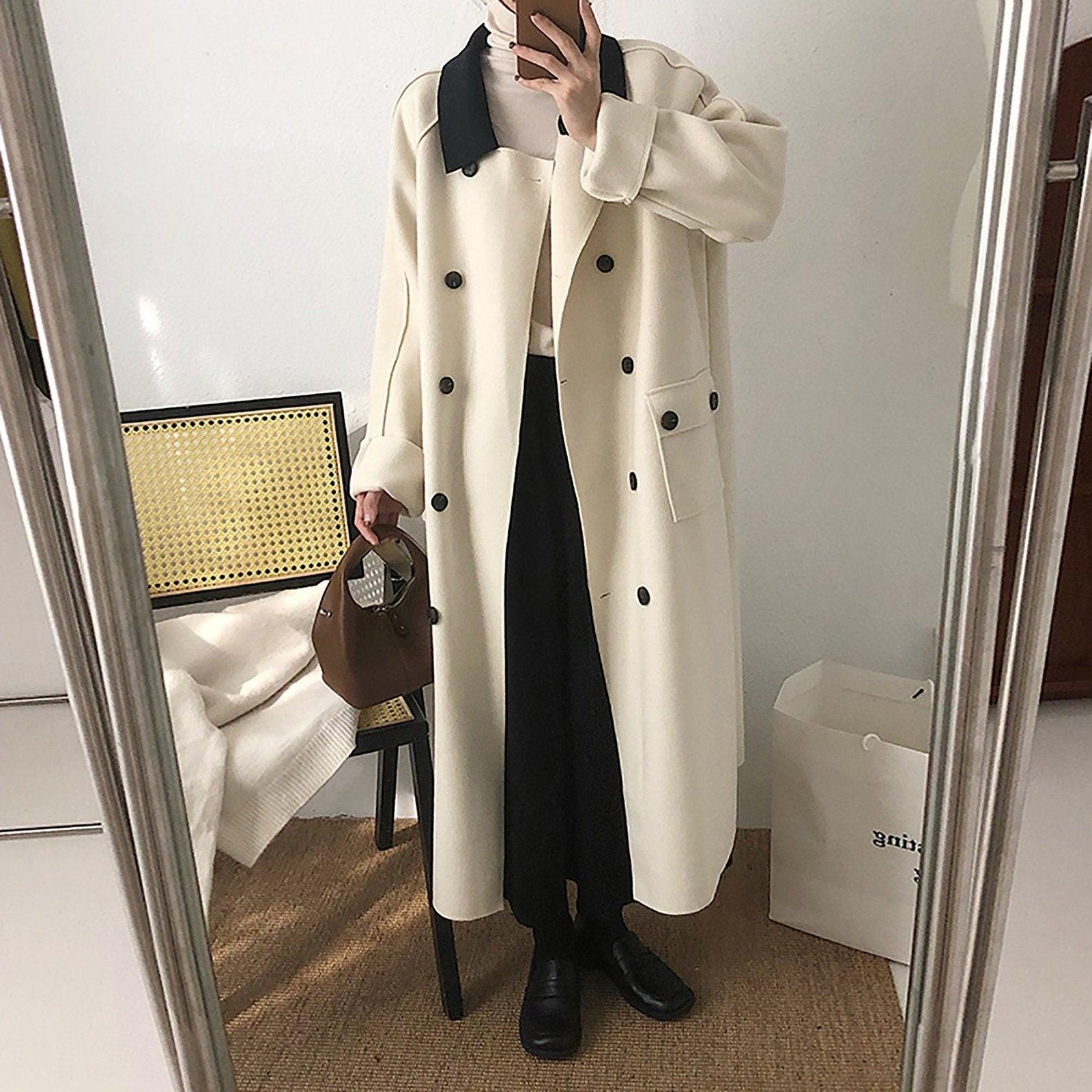 Loose Double Breasted Wool Blend Long Coat – Vivian Seven