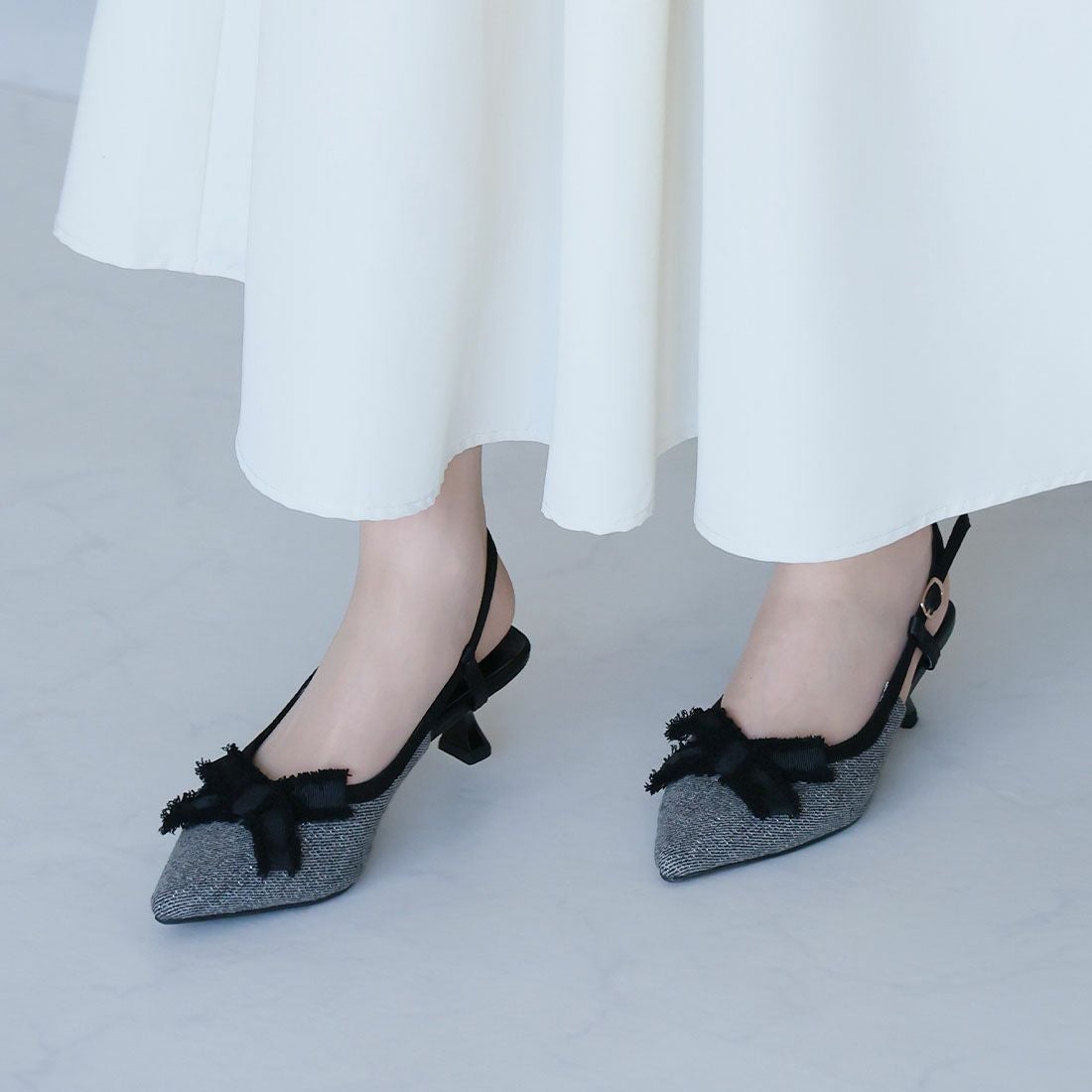 フリンジリボンスリングバックパンプス ｜靴・レディースシューズの