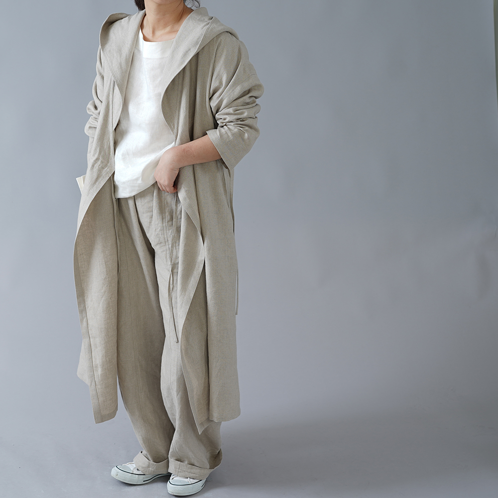wafu】中厚 リネン カシュクール フードコート ロング丈 長袖