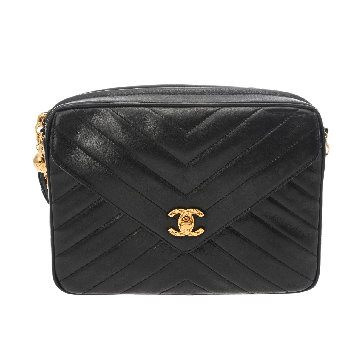 シャネル フリンジチェーンショルダー シェブロン ブラック ラムスキン