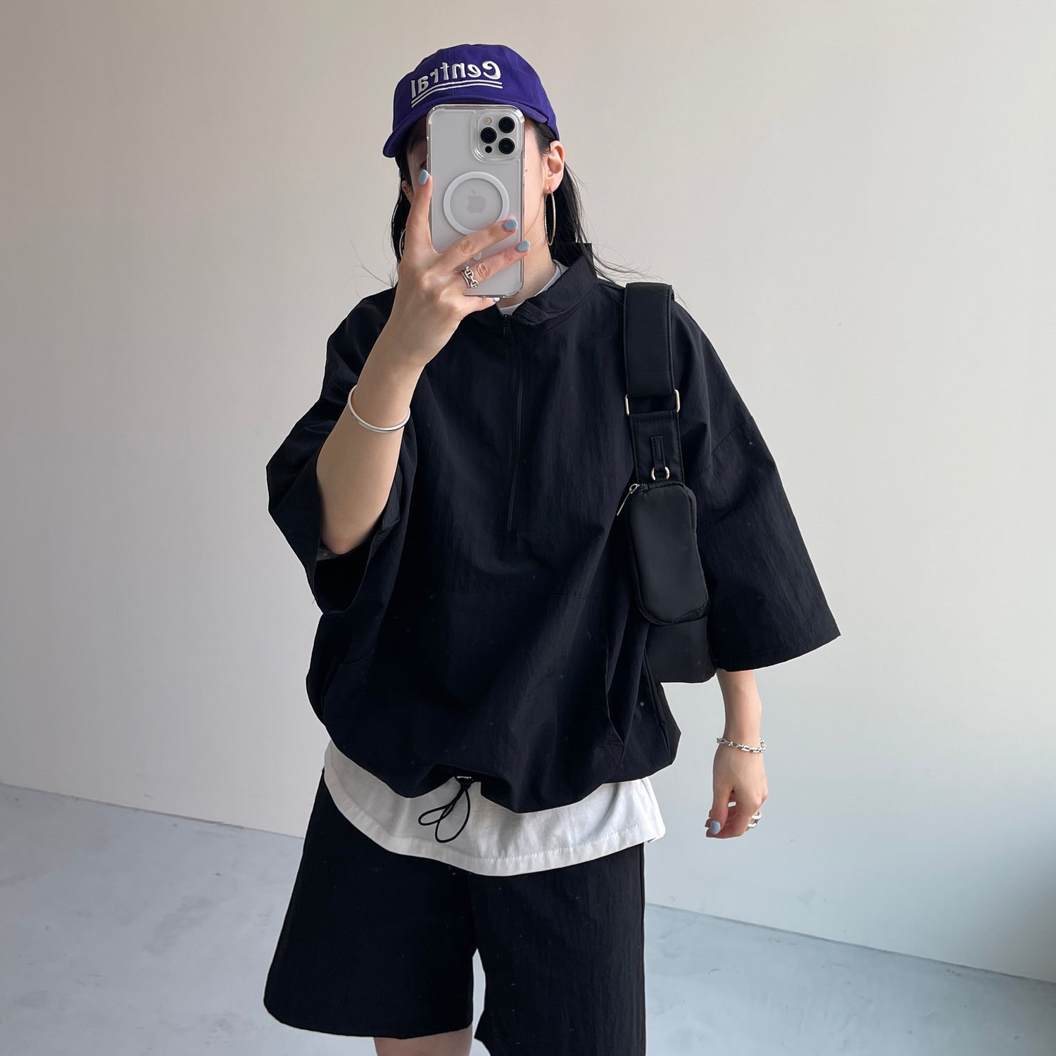 over size half zip nylon po / black | wee9s | ウィークス