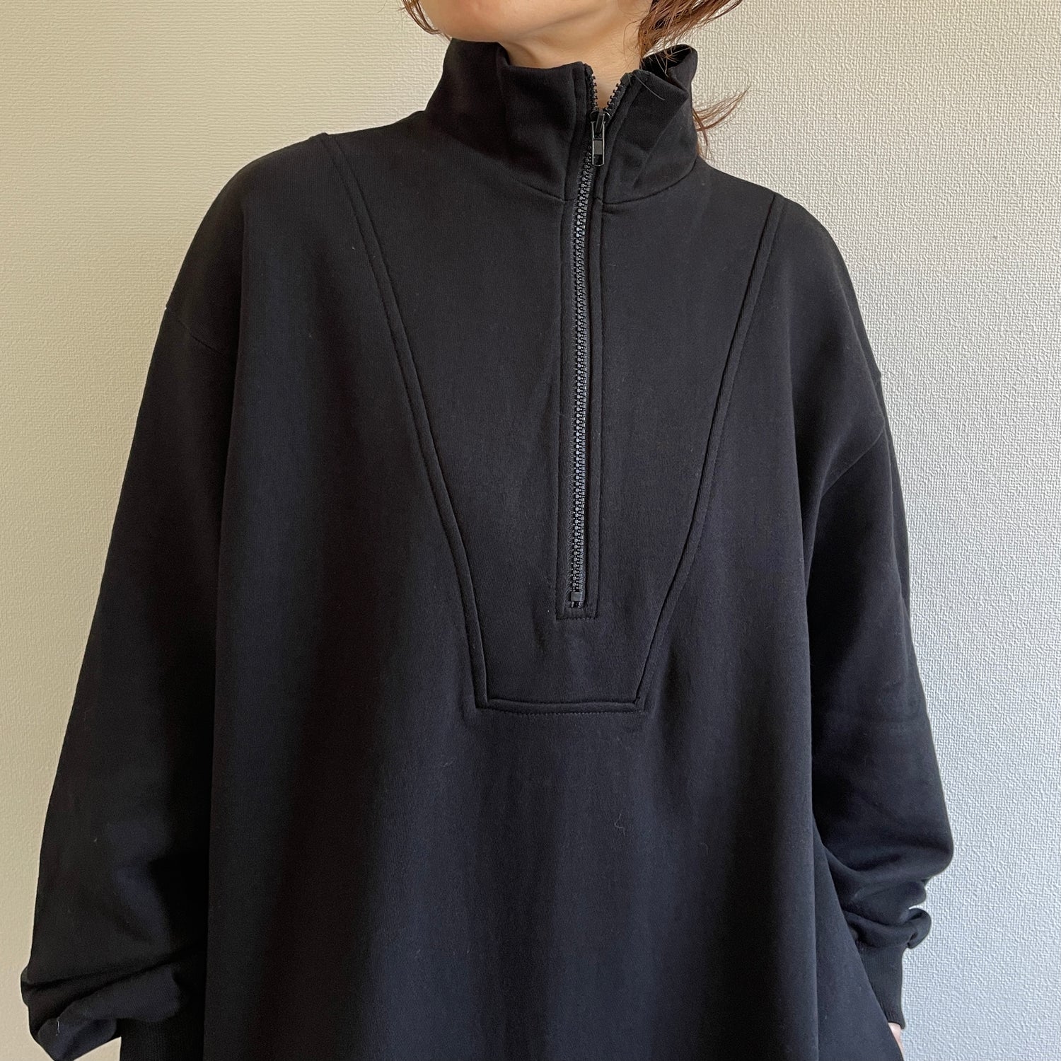 high neck half zip up sweat one piece / black [3size] （ハイネック