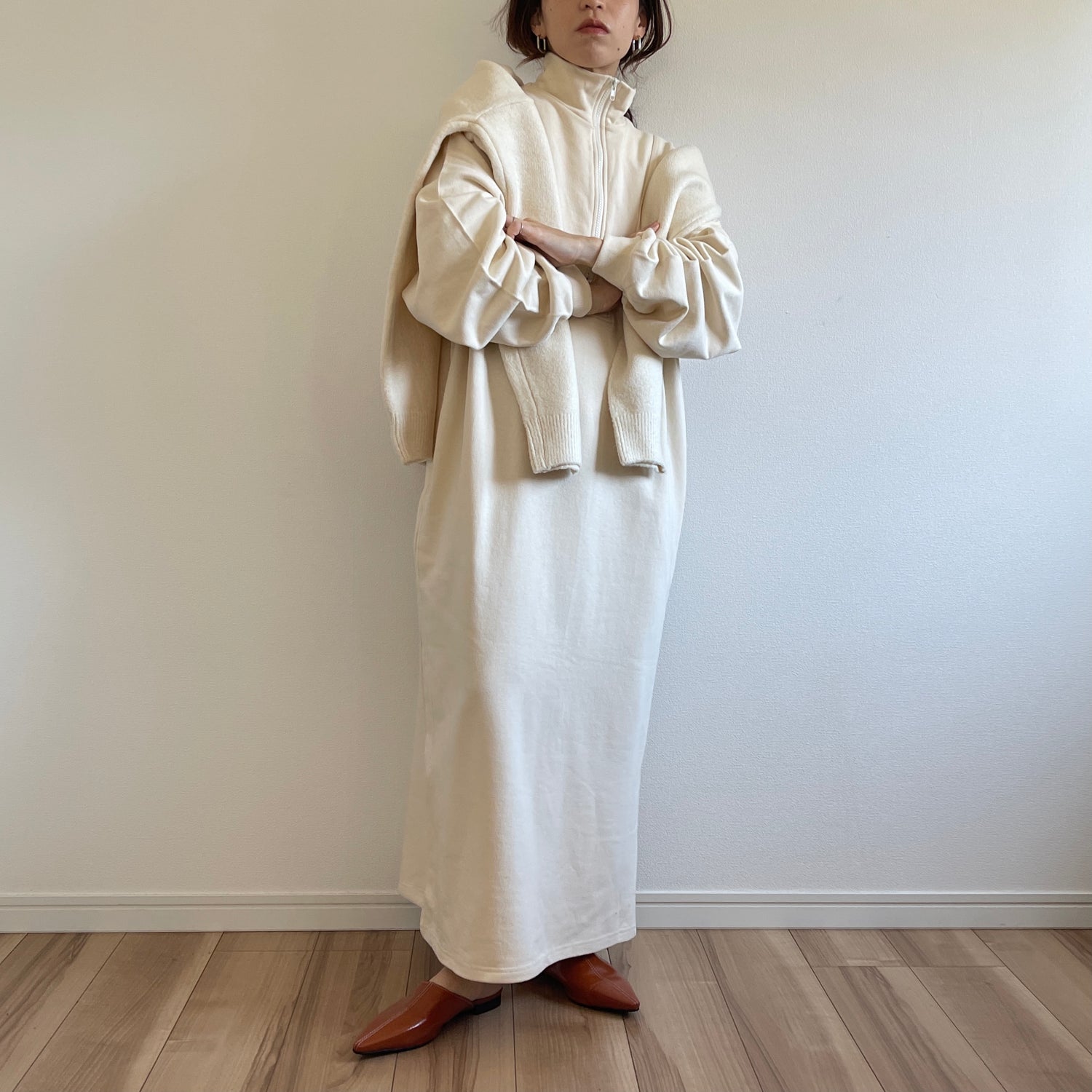 high neck half zip up sweat one piece / ivory [3size] （ハイネック