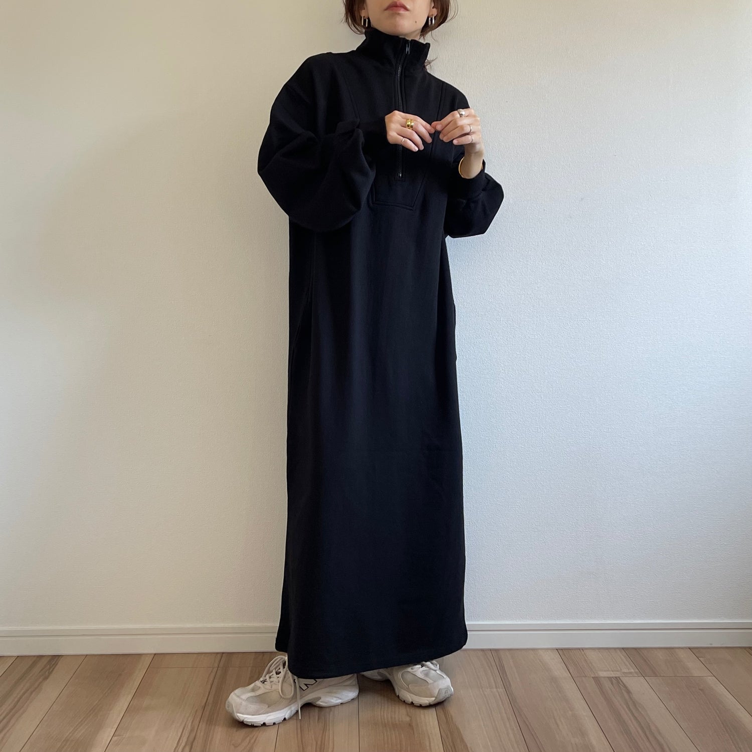 high neck half zip up sweat one piece / black [3size] （ハイネック