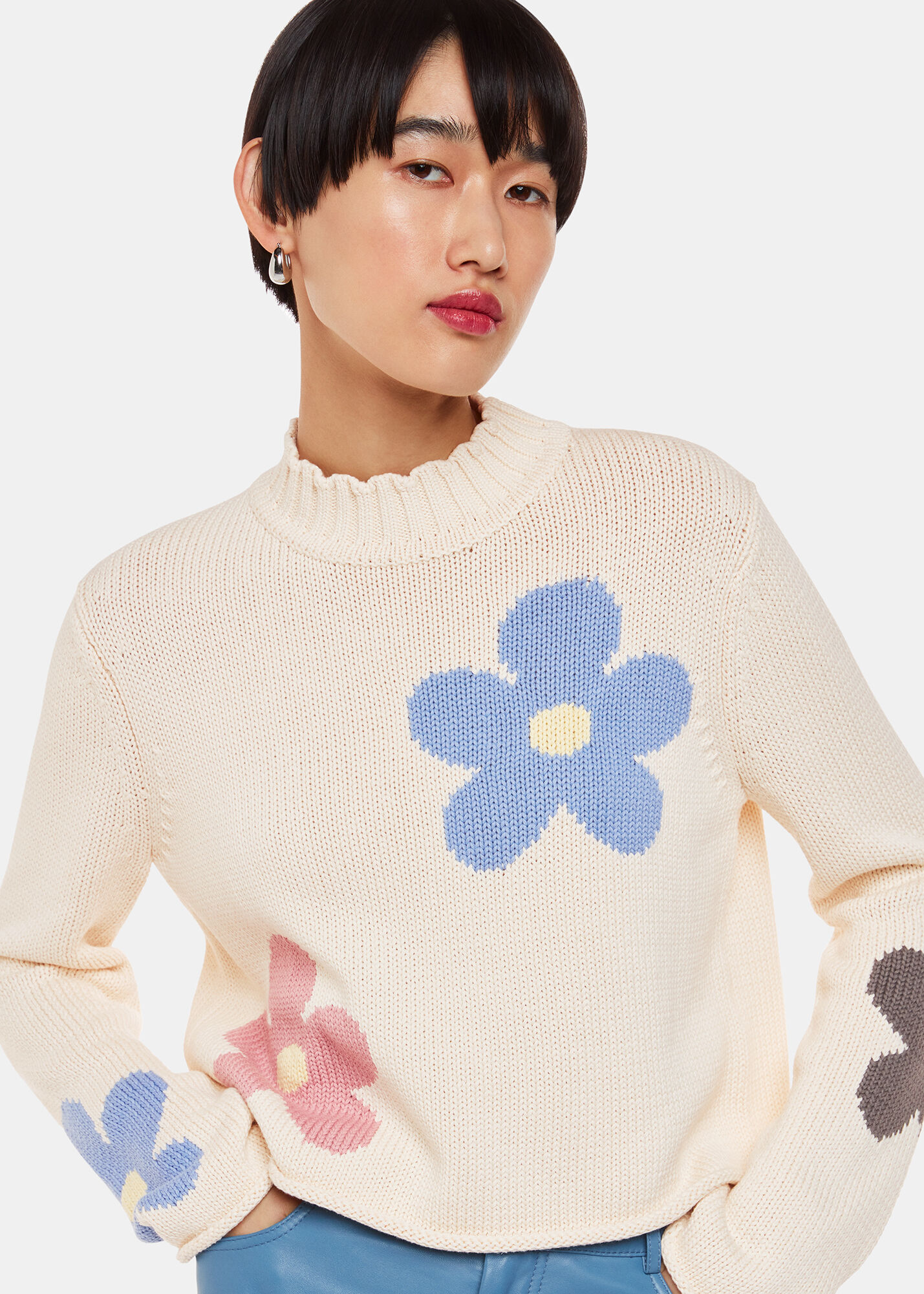 Women's Ivory/Multi Flower Intarsia Cropped Sweater | Whistles US |