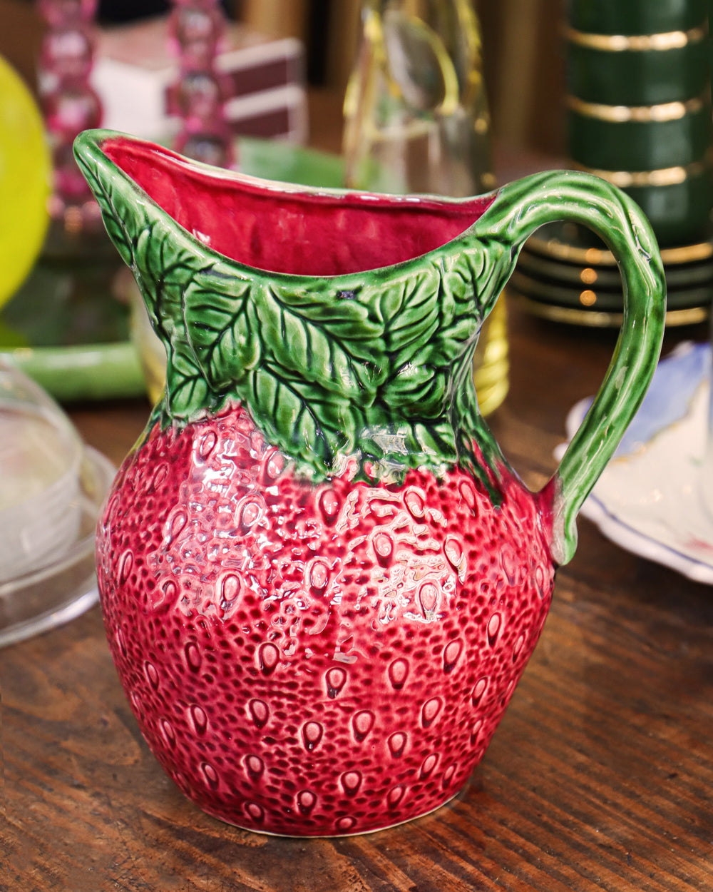Vintage Italian Majolica Ceramic Strawberry-Shaped Pitcher or Jug