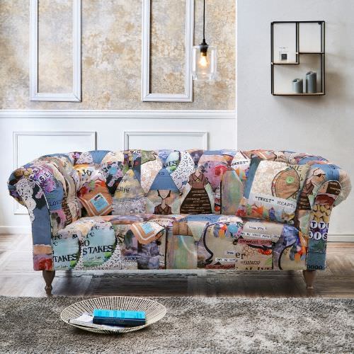 個性的なパッチワーク柄を主役に パッチワークソファ 2.5人掛け 青