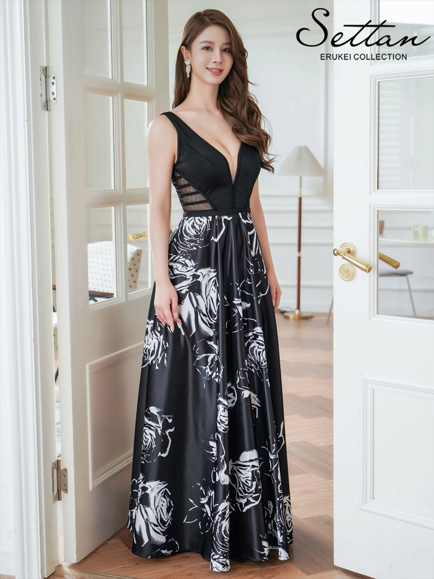 薔薇・花柄・プリント・サテン・セクシー・シースルー・Aライン