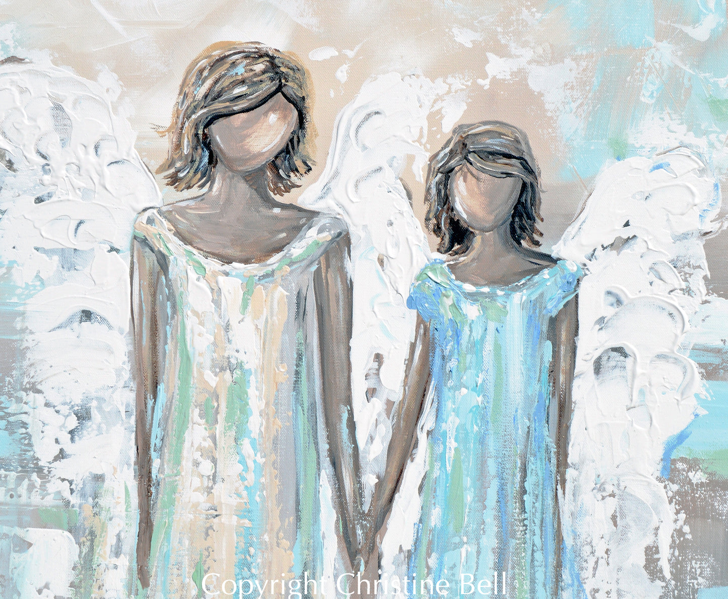 ORIGINAL Angel Painting 2 Angels Siblings Mother Child Spiritual