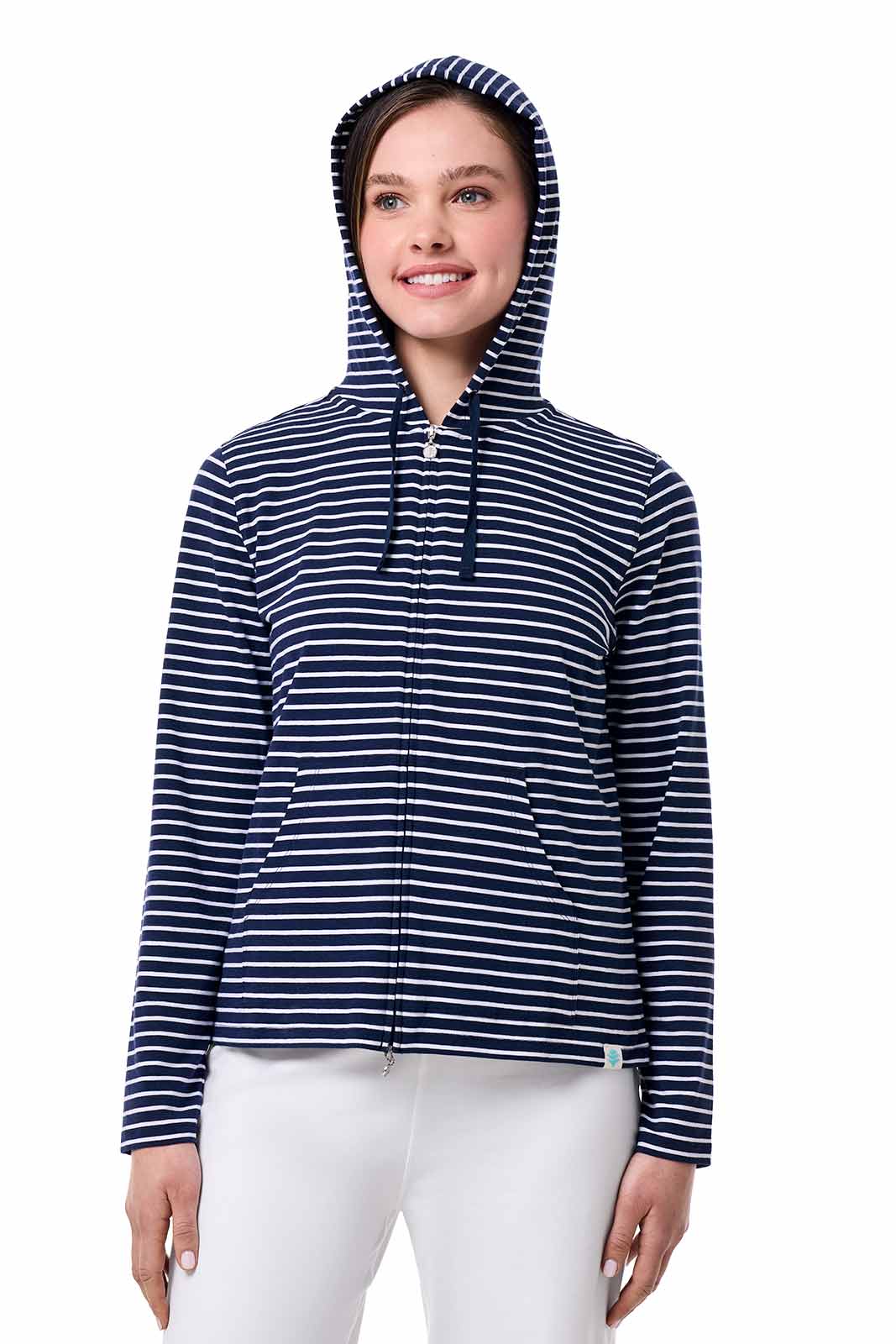 Women's Seaside Zip-Up Hoodie | Navy/White Stripe UPF 50+