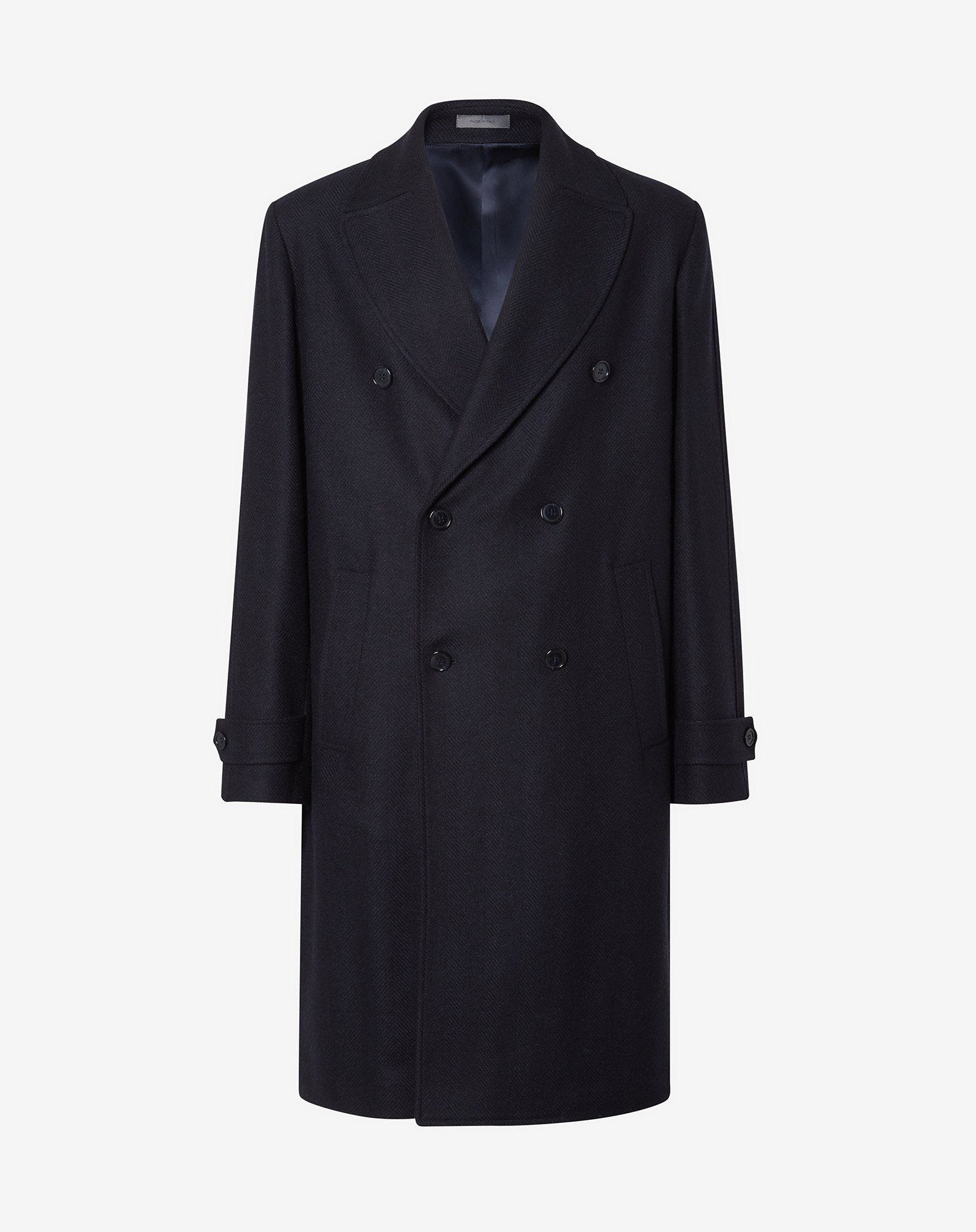 Men's navy blue herringbone wool double-breasted coat | Corneliani