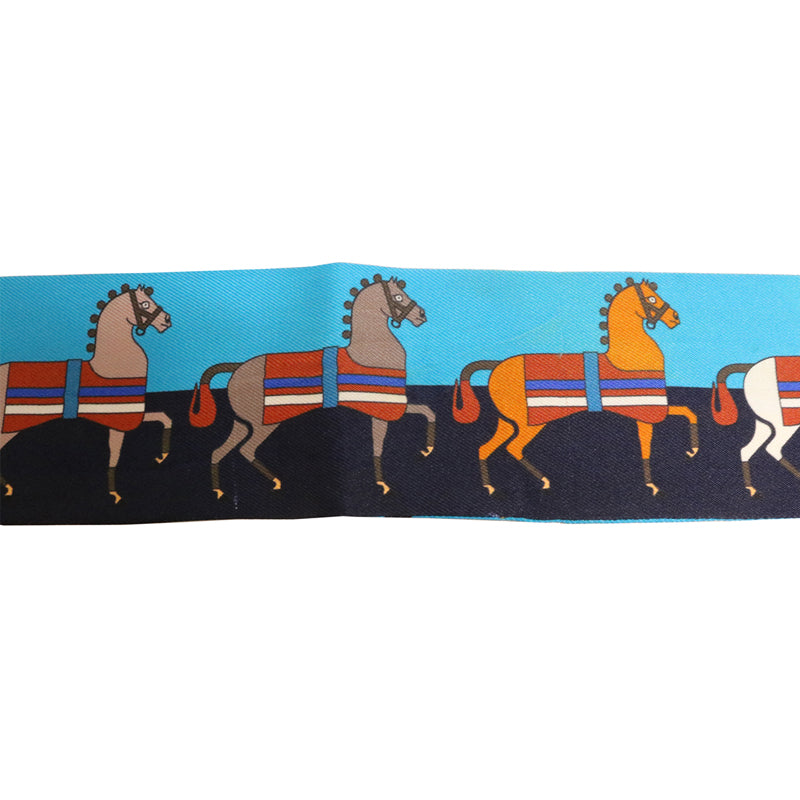 HERMES エルメス シルク ツイリー 馬柄 ブルー ネイビー オレンジ【中古】