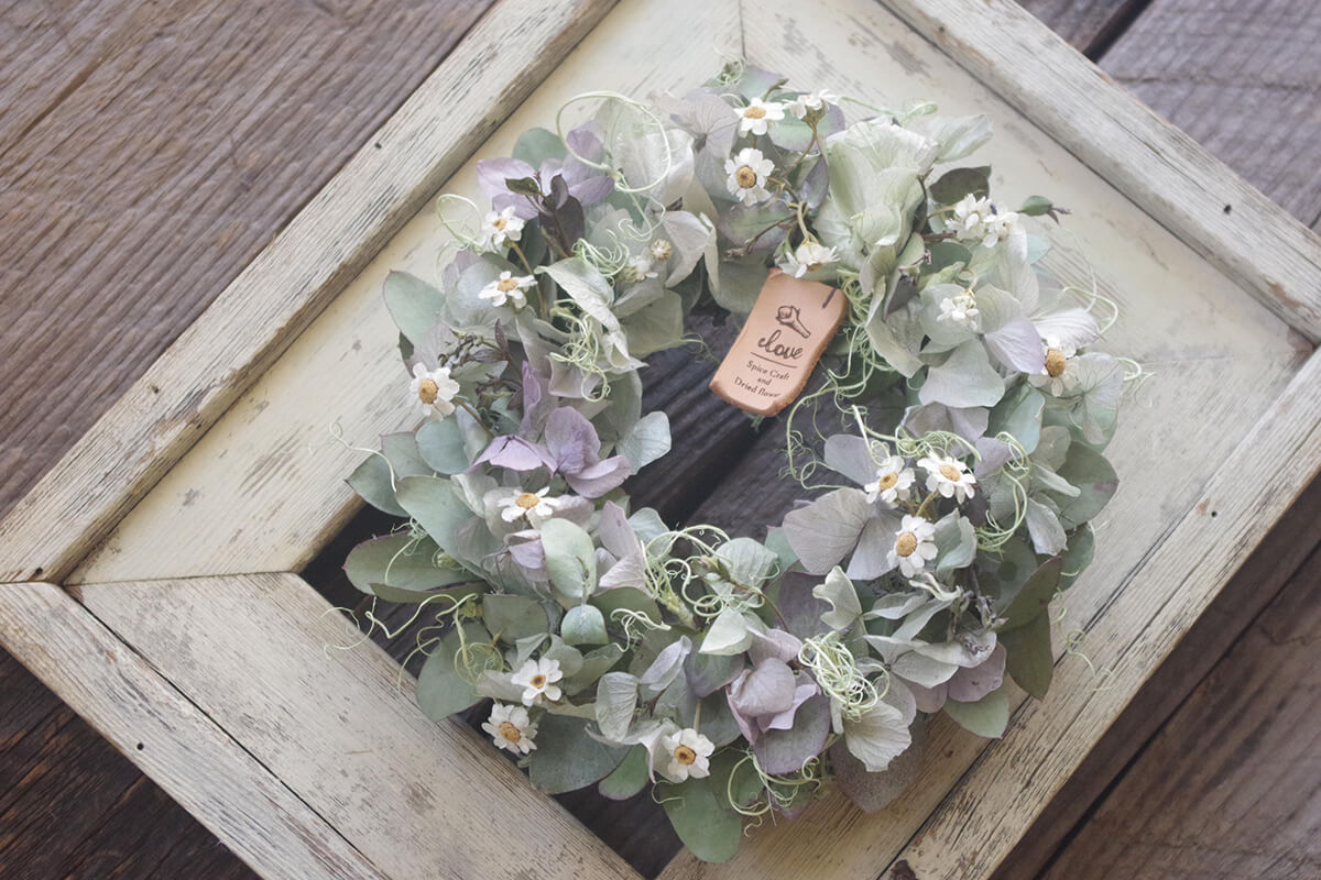 大人可愛いナチュラルリース｜プリザーブドフラワー あじさい×デイジー