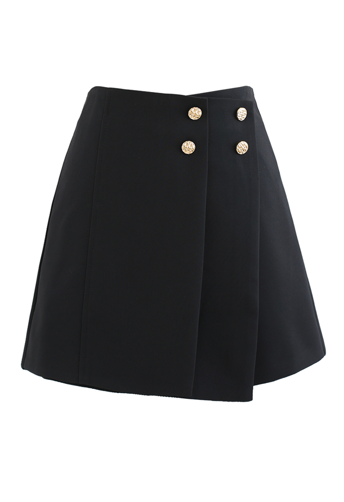 Twin Buttons Pleated Flap Mini Skirt in Black - Boho Chic, Indie