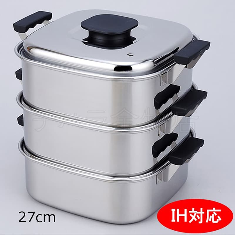 桃印PEACHBRAND 角型蒸し器3段（IH対応） 27cm 18-0ステンレス 日本製