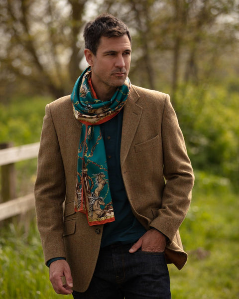 Here Come The Boys Silk Equestrian Scarf in Teal & Rust – Clare Haggas