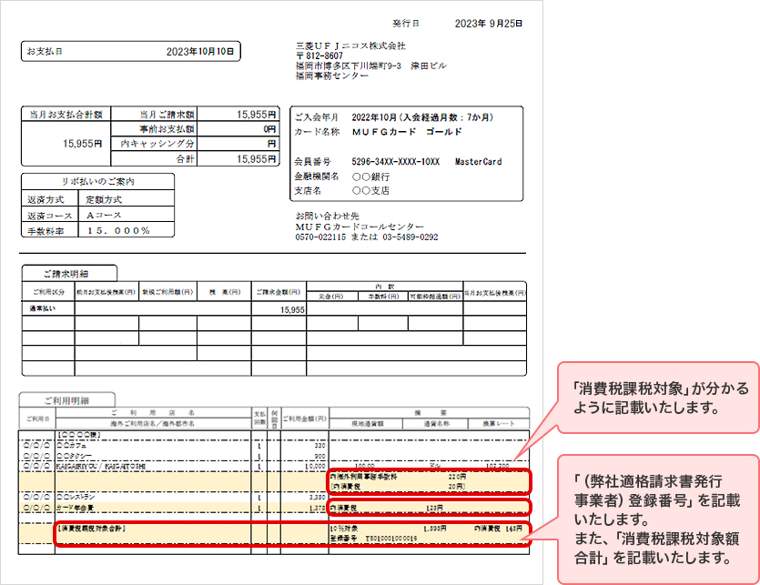 インボイス制度の開始に伴うご利用明細書の変更について ◇MUFGカード