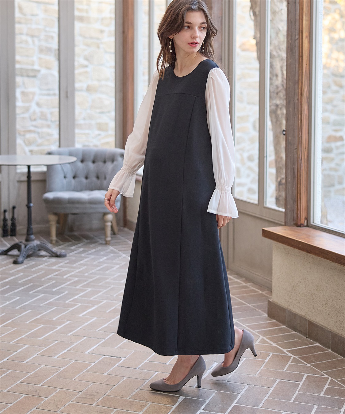 シフォンスリーブ ストレッチジョーゼットワンピース（マタニティ/授乳