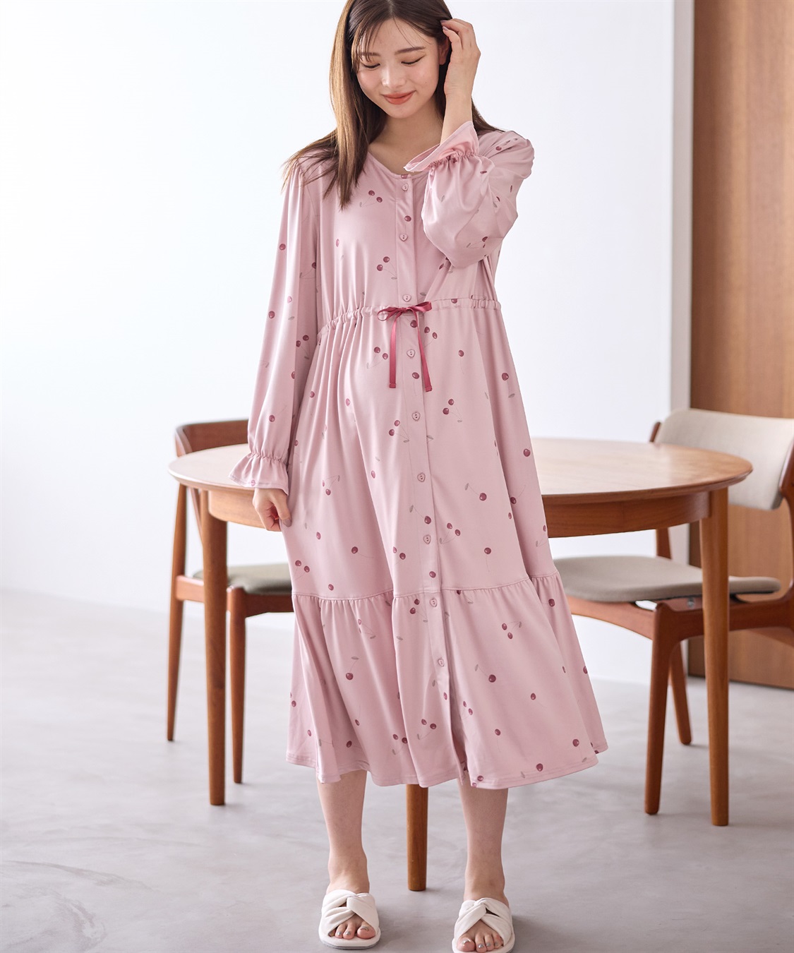 ニットサテン無地・チェリー柄ネグリジェ パジャマ/ルームウェア