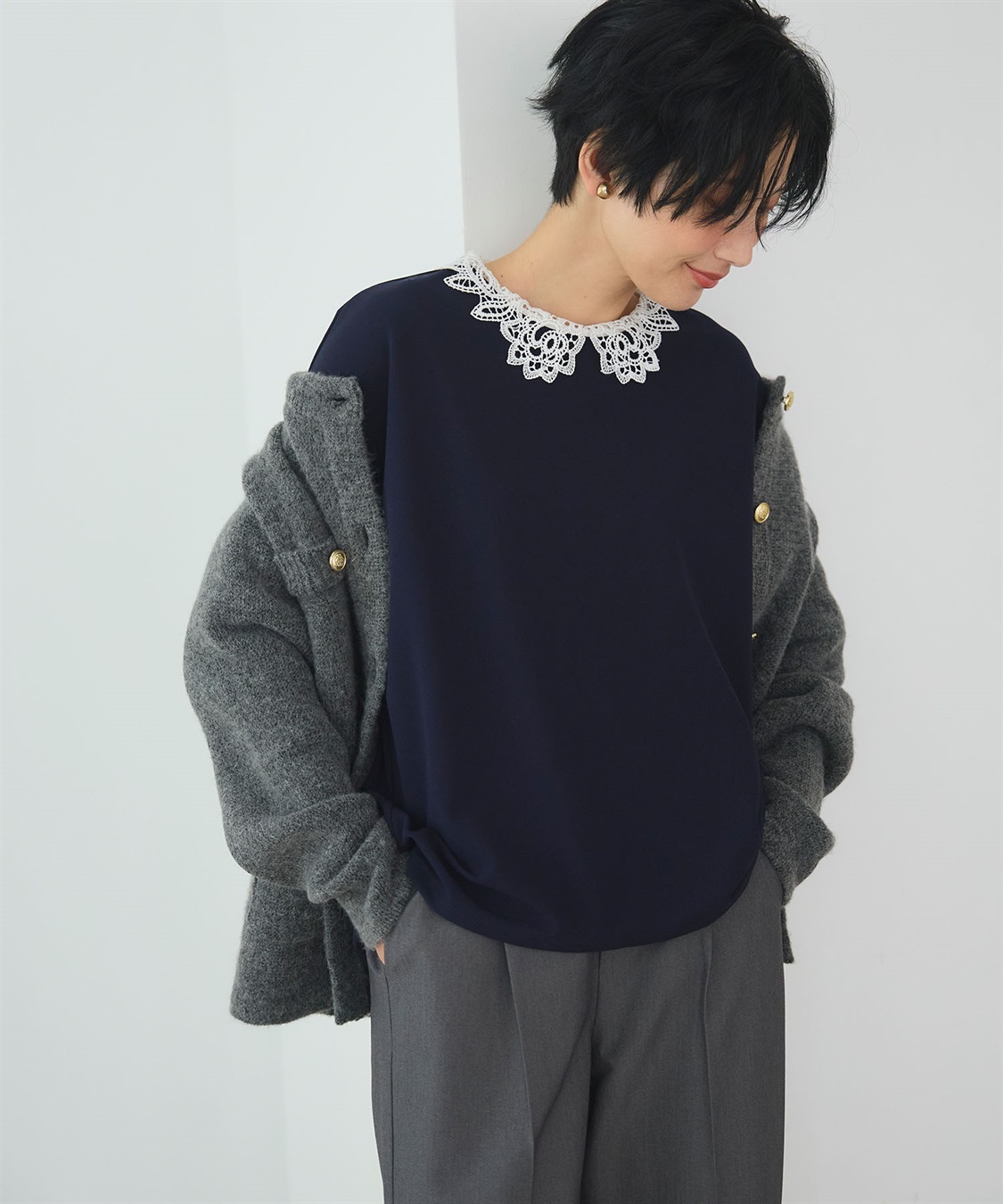 ストレッチ》サマ美え レース衿ジョーゼットバルーンスリーブトップス