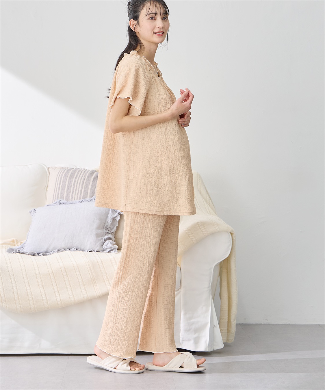シャーリング ジャガードパジャマ(産前・産後対応 マタニティ＆授乳服